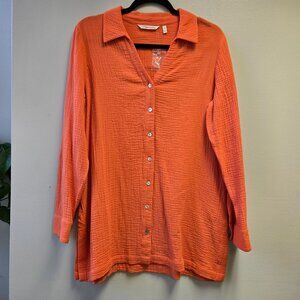 Soft Surroundings Womens Orange Button-Down Textured Collar Shirt Top Size M 100